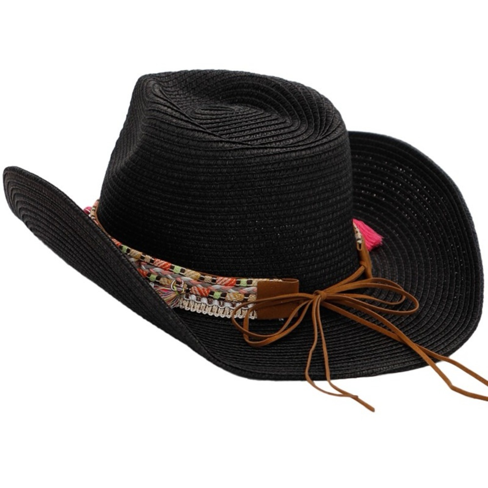 Pink Coastal Tribal Woven Black Hat - Picture 2 of 2